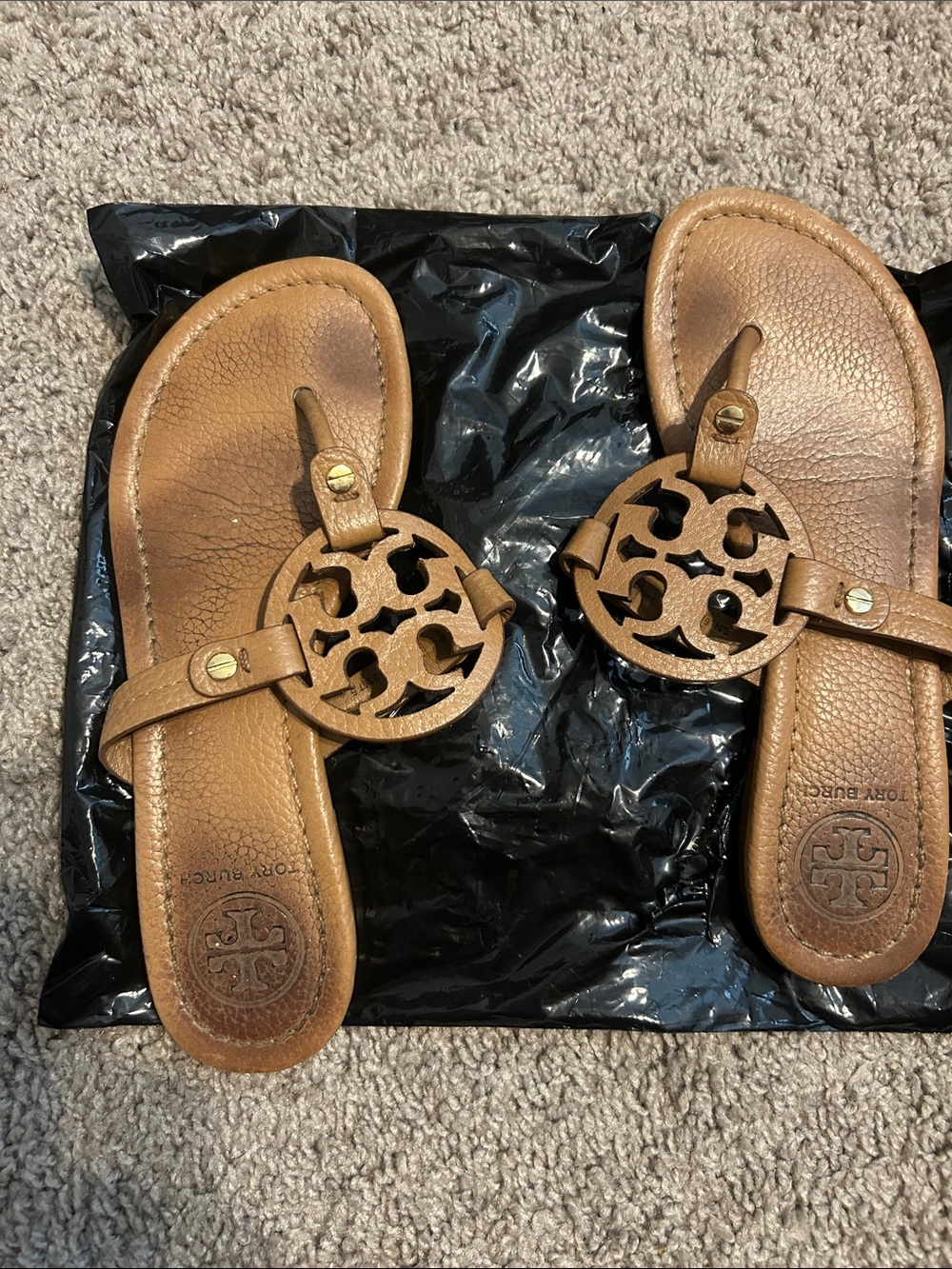 Tory Burch Tan Miller Leather Logo Cutout Sandals